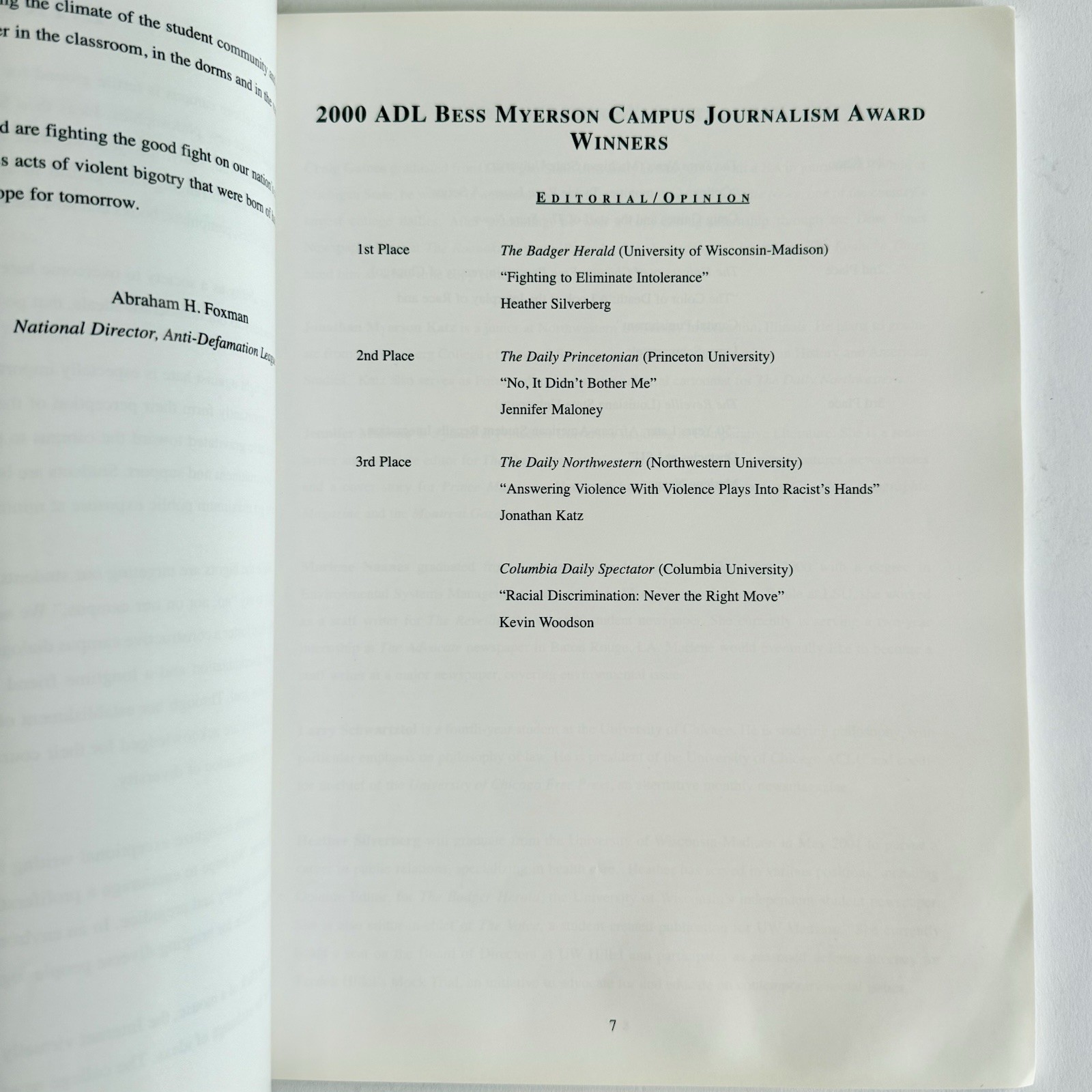 2001 Annual Anti-Defamation League Bess Myerson Campus Journalism Awards Present