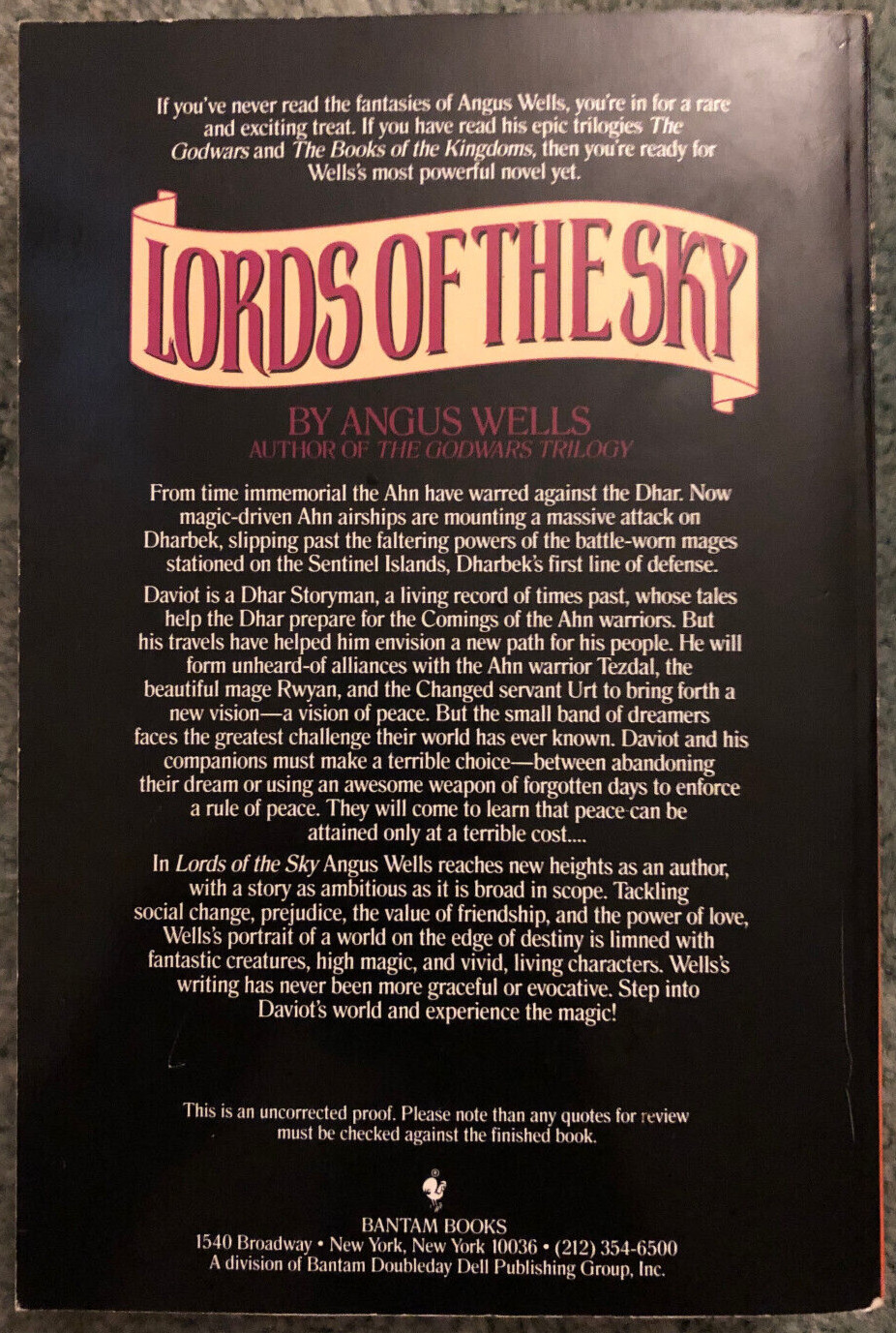 Lords of the Sky, Angus Wells, Uncorrected Proof, 1994 Bantam oversized pb