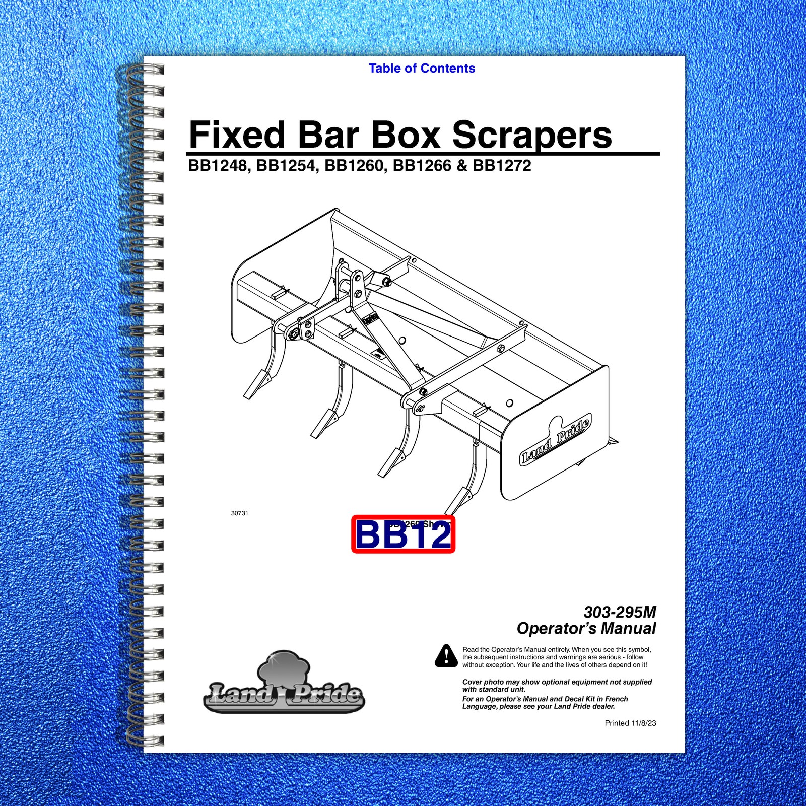 LAND PRIDE BB12 Series Box Scrapers Operators Manual – WIRE BOUND – TOUGH COVERS