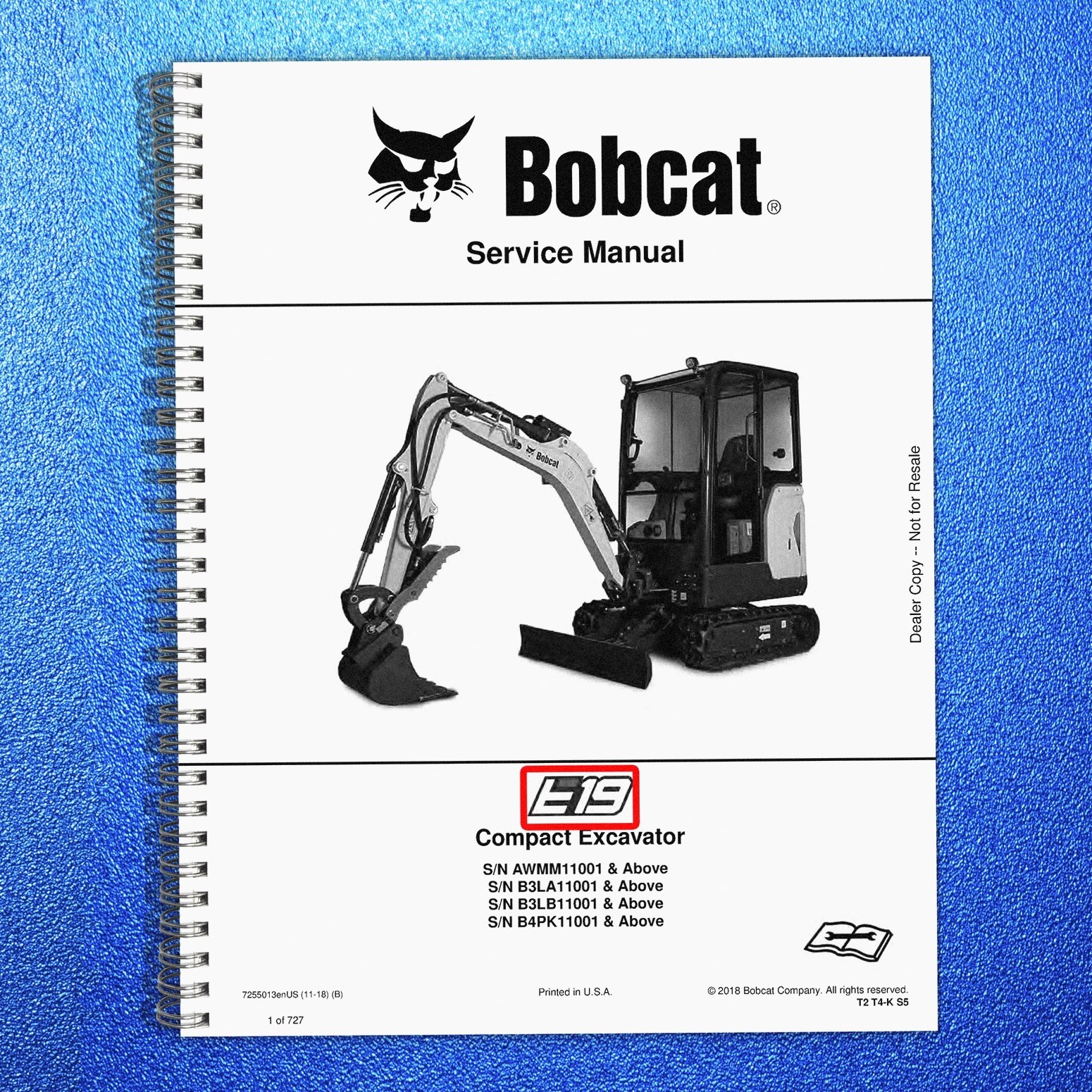 BOBCAT E19 Excavator Service Manual 2018 – FASTENED – JACKET – XL FOLDOUT PAGES