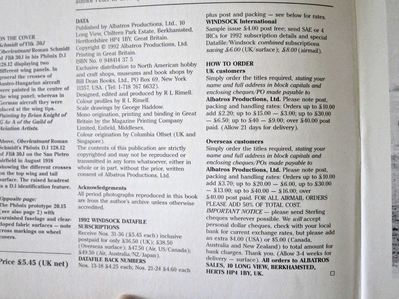 1992 Windsock Datafile #31-Phonix D.l-ll–WWl Military Aircraft-Modeler Plans