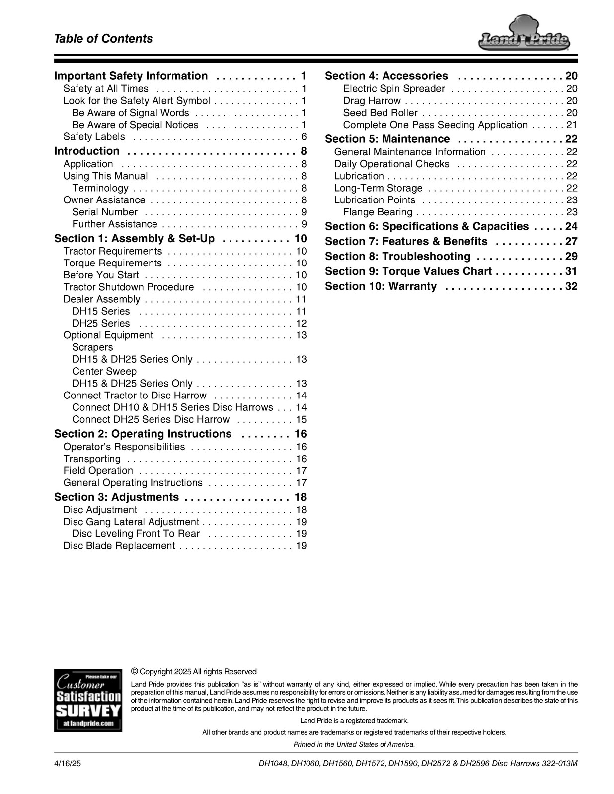 LAND PRIDE DH10 Series Disc Harrows Operators Manual – WIRE BOUND – TOUGH COVERS