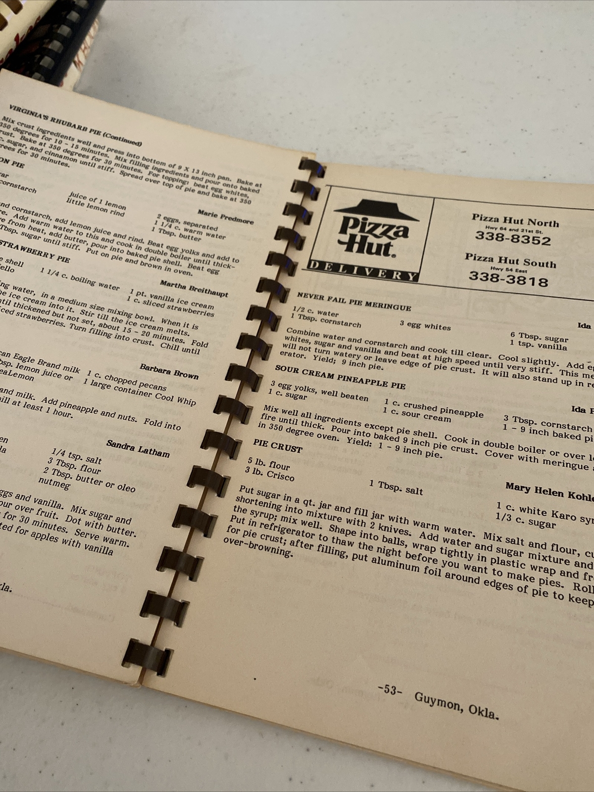 Vintage Church Cookbook Guymon Oklahoma Cherished Recipes Pie Crust Desserts ++