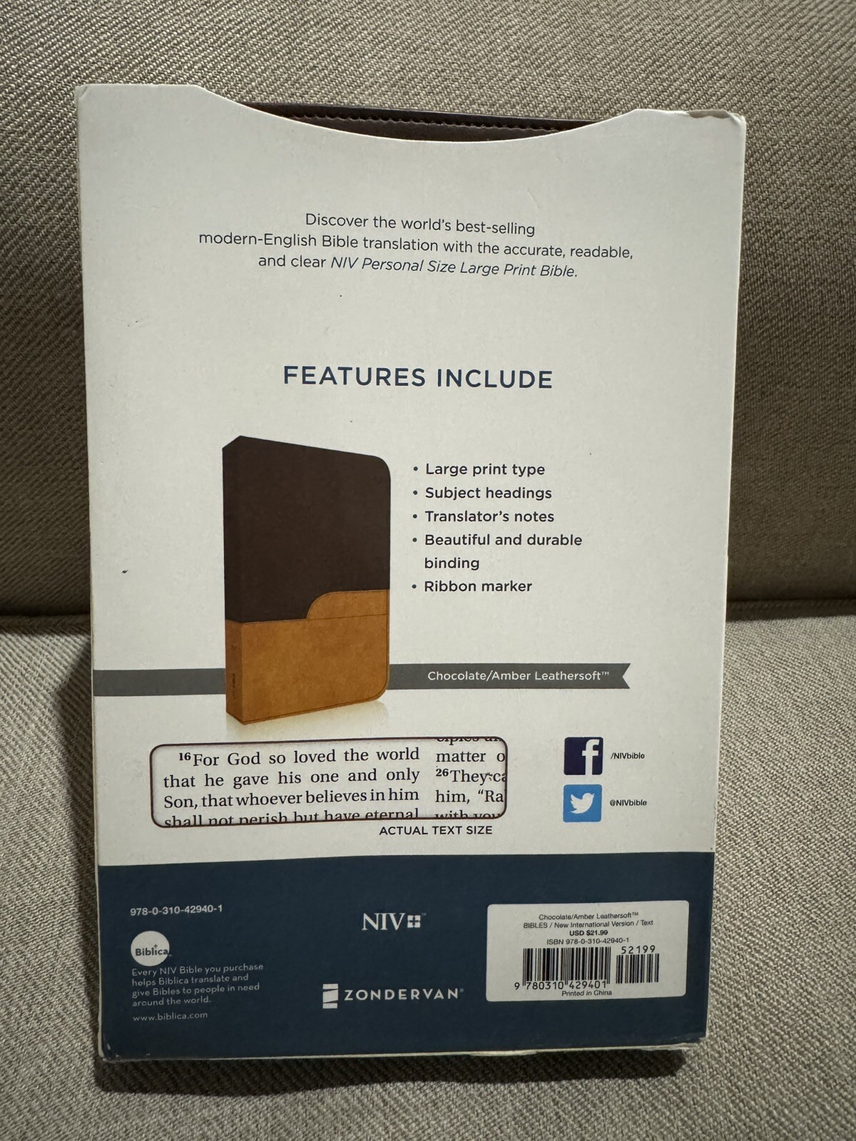 NIV Large Print Bible Personal Size 2011 Brown Tan Zondervan