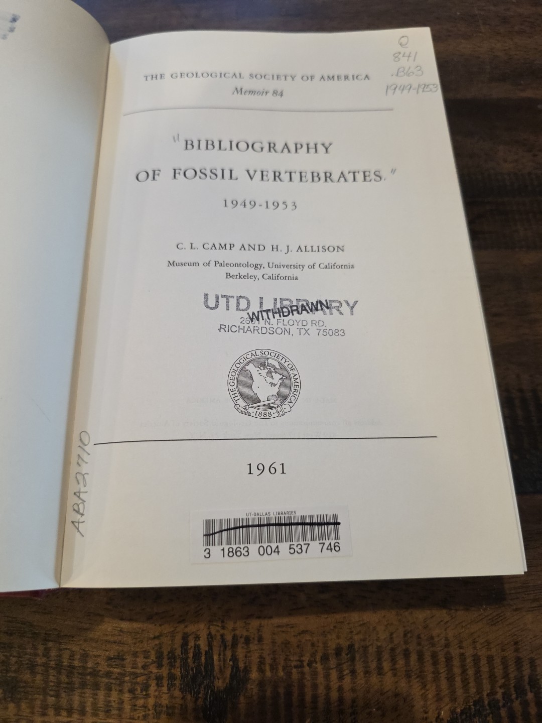 Set: Bibliography of Fossil Vertebrates 1939-1972 Geological Society of America