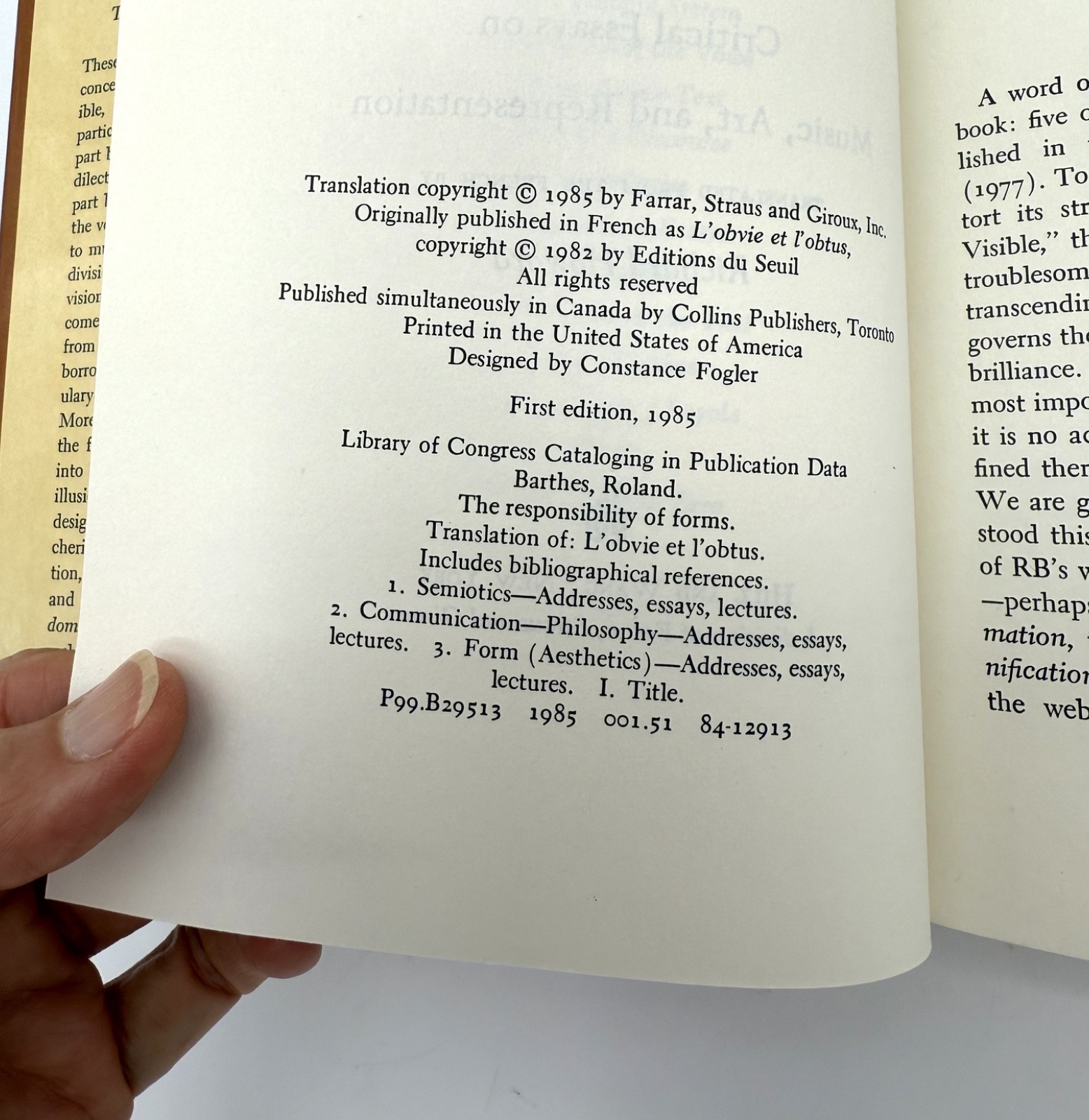 ROLAND BARTHES : THE RESPONSIBILITY OF FORMS: CRITICAL ESSAYS ON MUSIC – 1st Ed