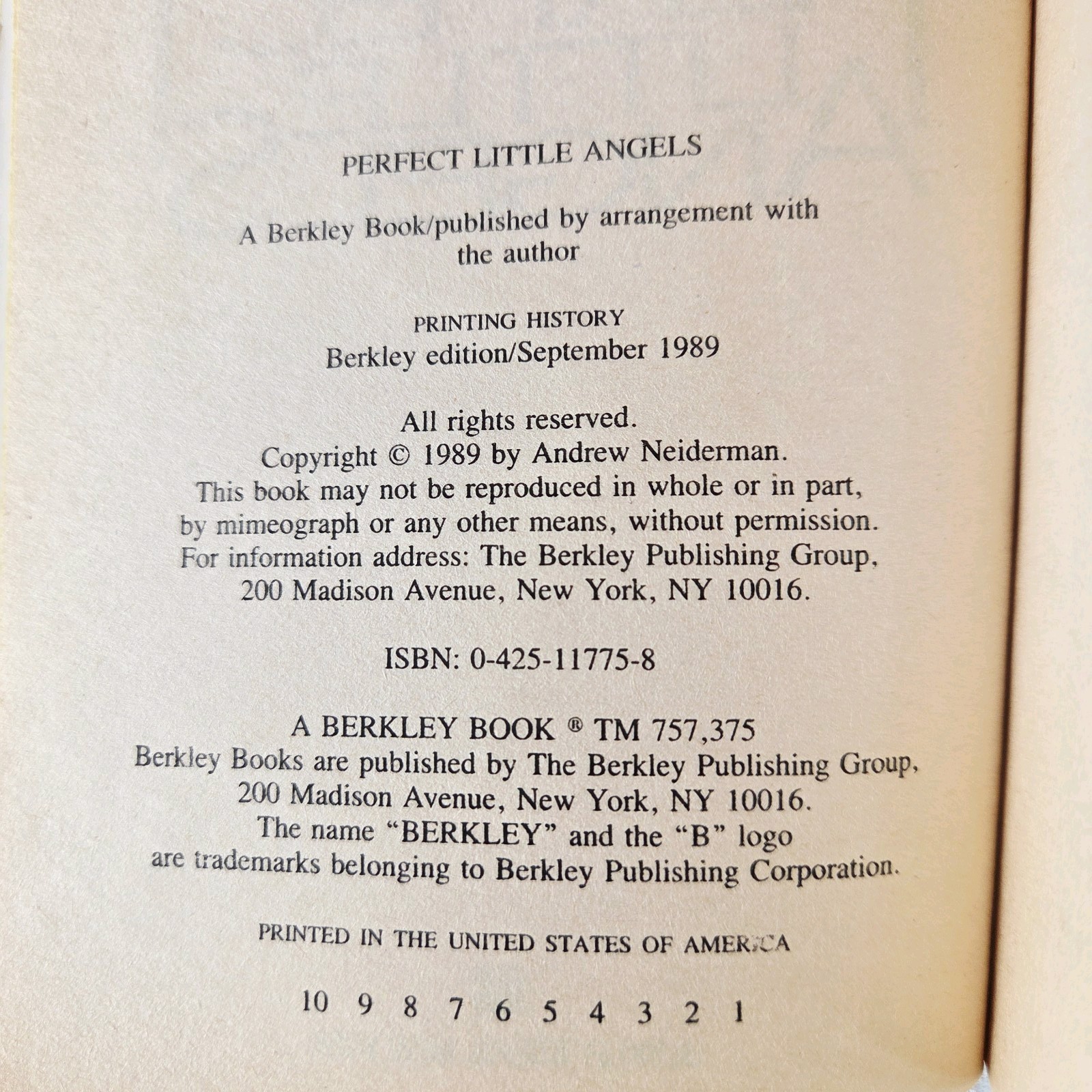 ANDREW NEIDERMAN 1ST EDITION – Perfect Little Angel 1989 (Paperbacks From Hell)