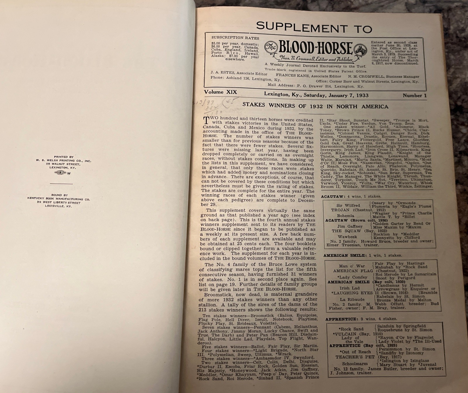 The Blood-Horse Weekly Journal 1933 Vol. 19 Thomas B. Cromwell Lexington, Ky
