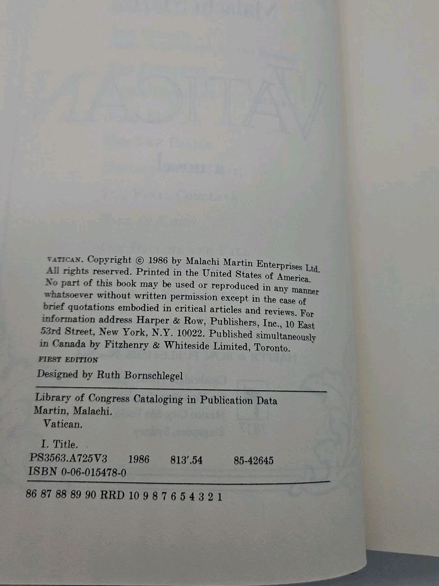 Vatican by Malachi Martin 1986 First Edition Hardcover