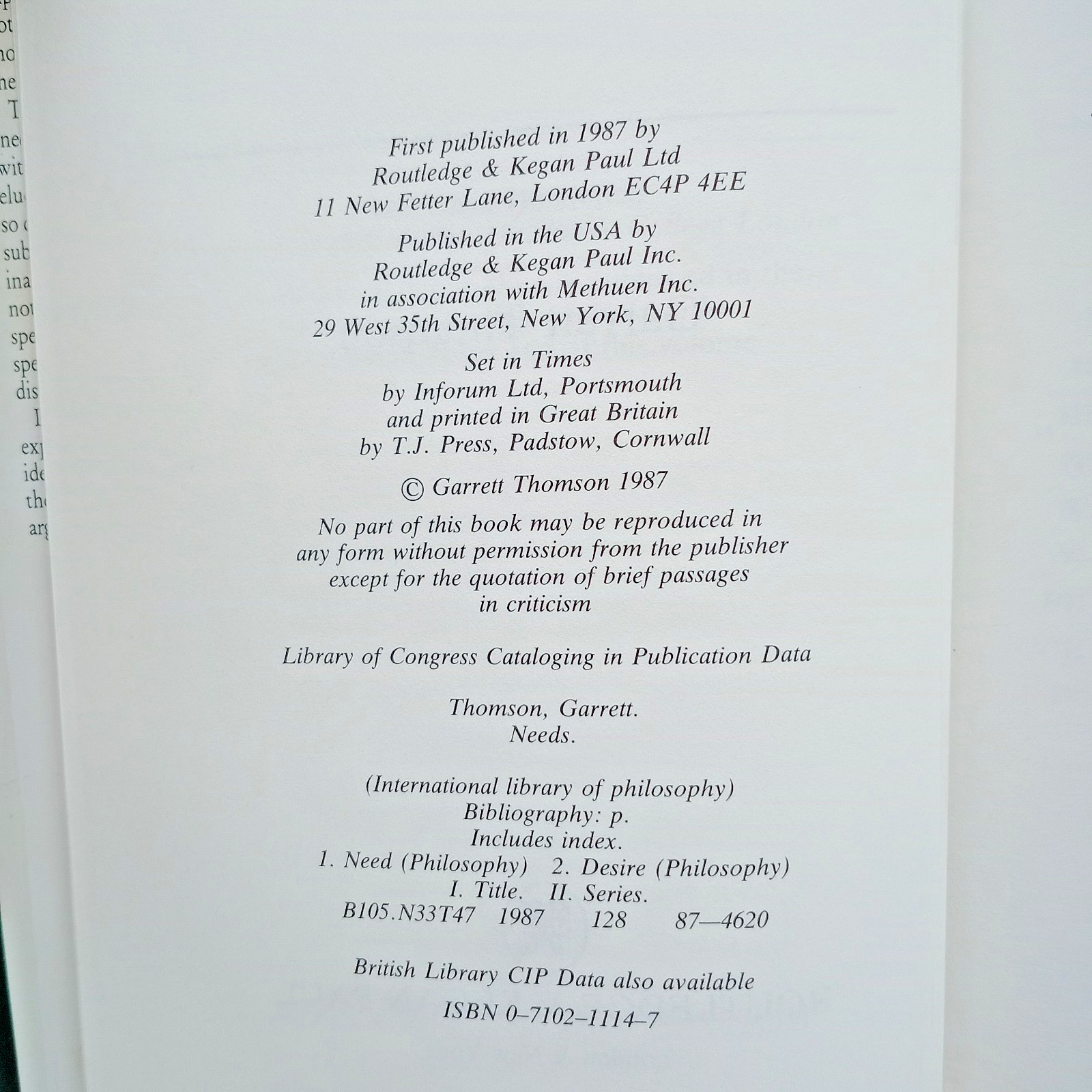 NEEDS (International Library of Philosophy ) By Garrett Thomson Hardcover