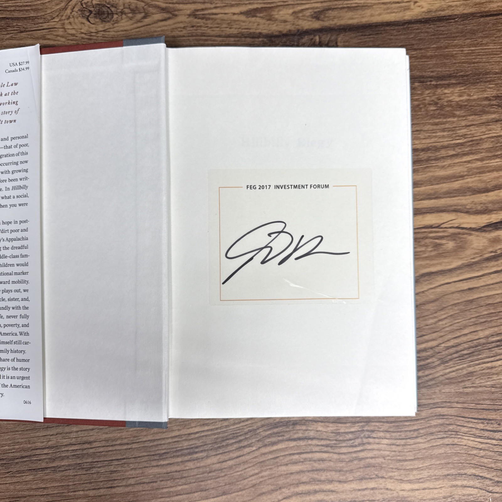 SIGNED Hillbilly Elegy J.D. Vance Autographed, Trump VP, 1st Edition Hardcover