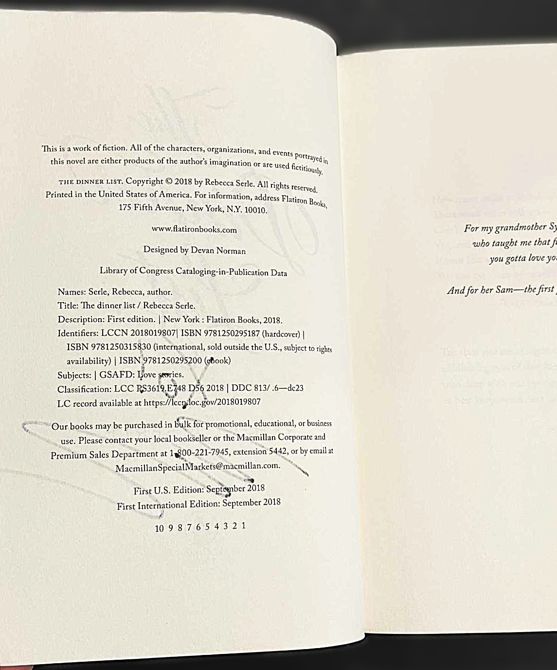 The Dinner List Rebecca Serle SIGNED True First Edition Hardcover Dust Jacket