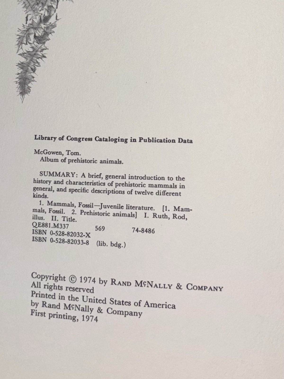 Collectible 1974 1st Edition Book: Album Of Prehistoric Animals By: Tom McGowen