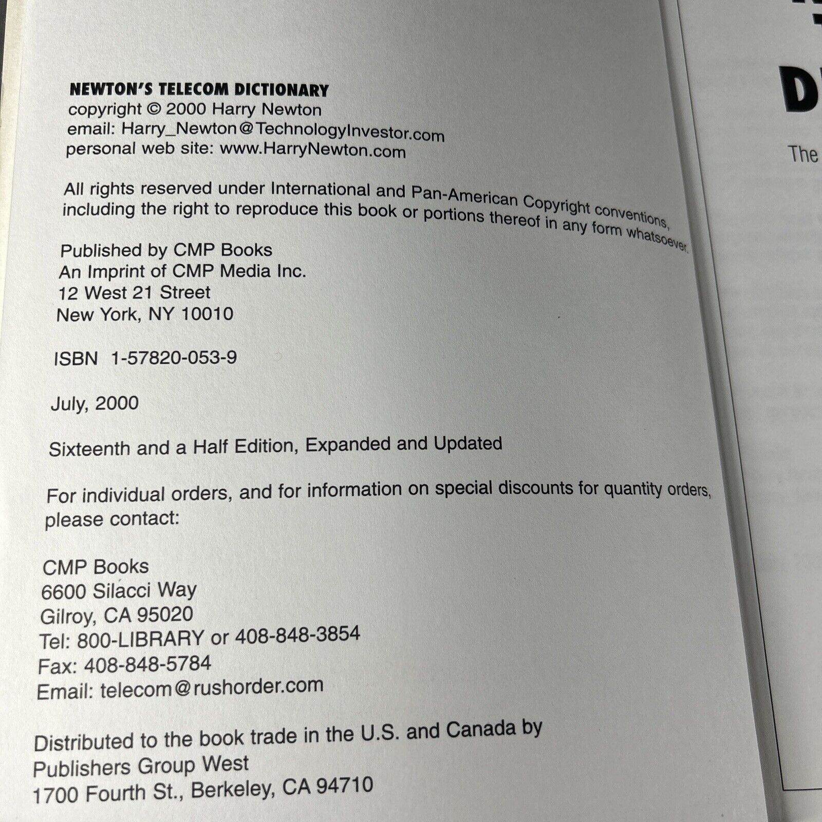 Newton’s Telecom Dictionary 16th Edition 2000 Trade Paperback Book