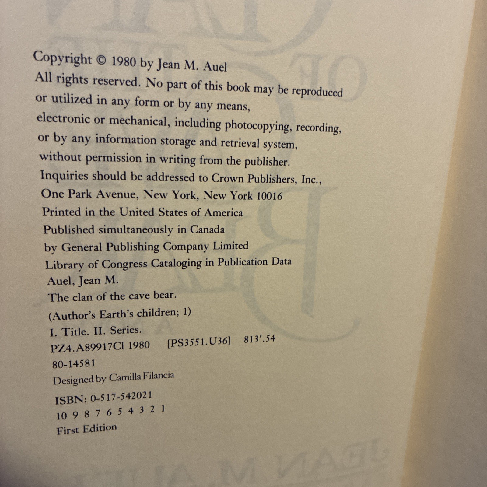 b Jean M Auel THE CLAN of the CAVE BEAR 1980 Crown 1st Edition No Dust Jacket