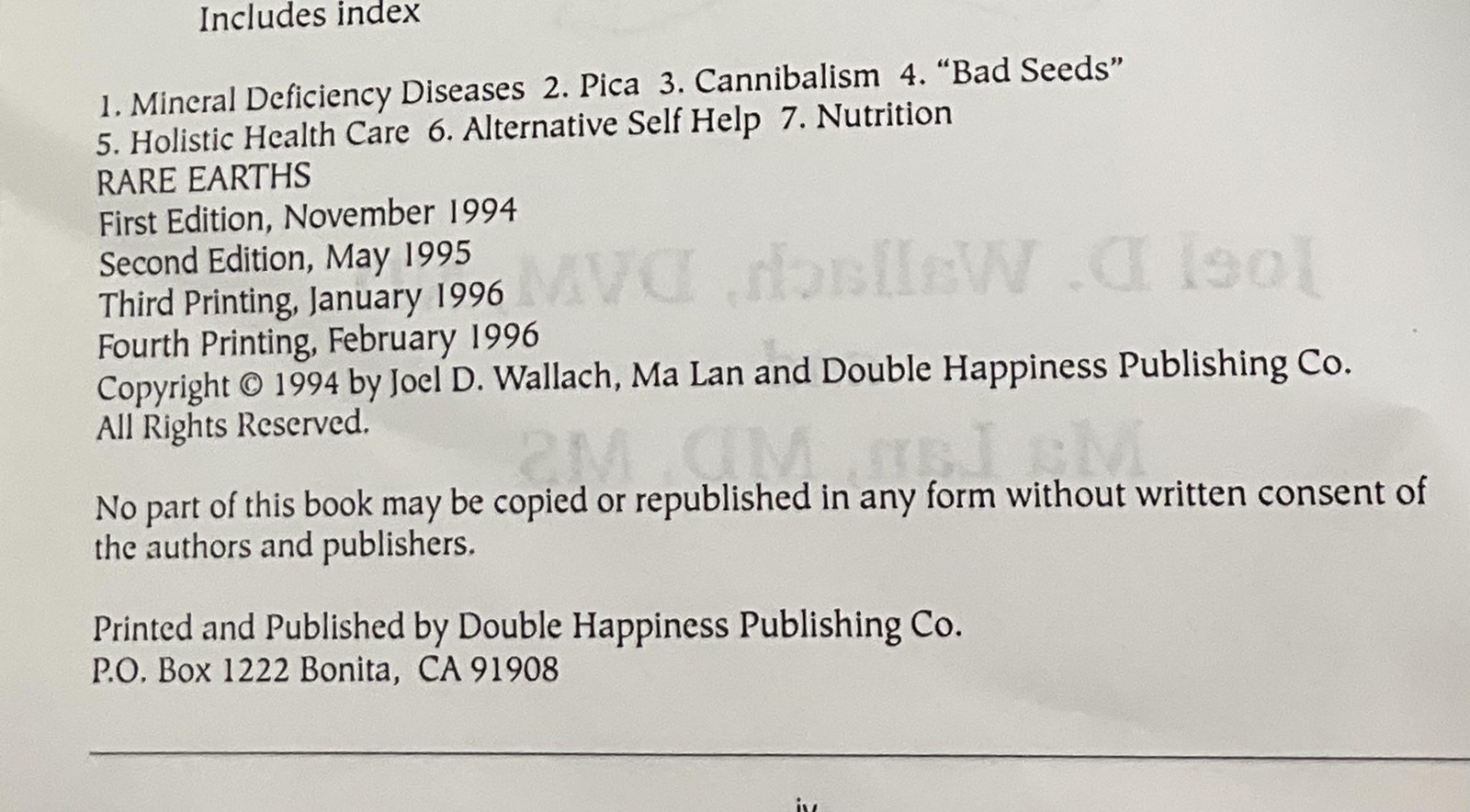 RARE EARTHS Forbidden Cures Joel D. Wallach Ma Lan Double Happiness 1994 1st Ed