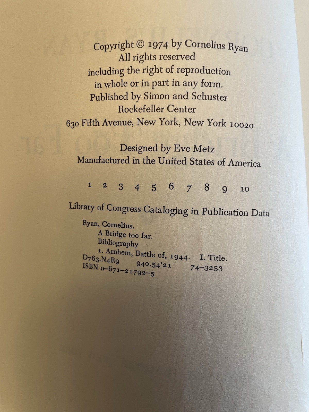 A Bridge Too Far by Cornelius Ryan (1974) HCDJ 1st Ed./Print – Good