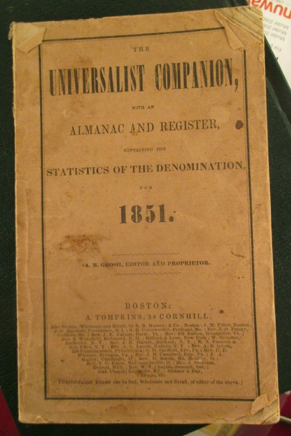Universalist Companion, with an Almanac and Register 1851 Edition 60 Pages