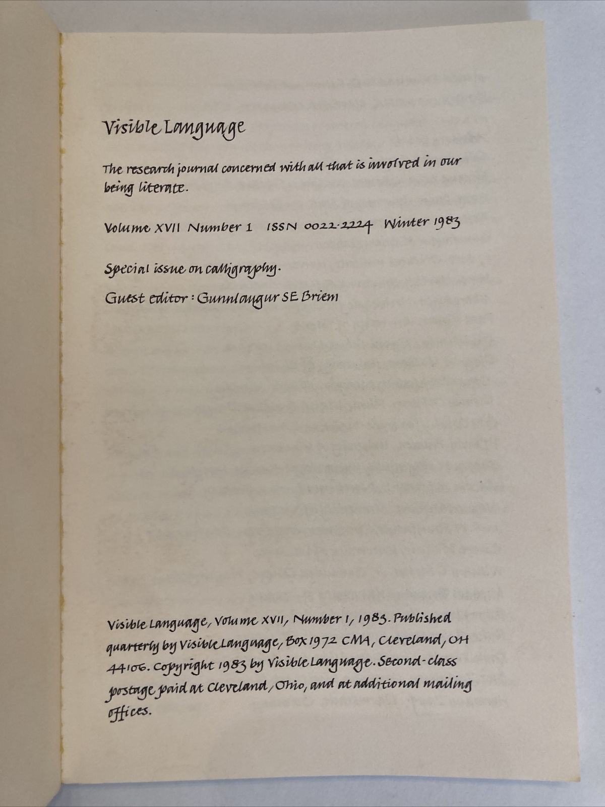 Visible Language journal Calligraphy Special Issue Volume XVII Number 1 1983