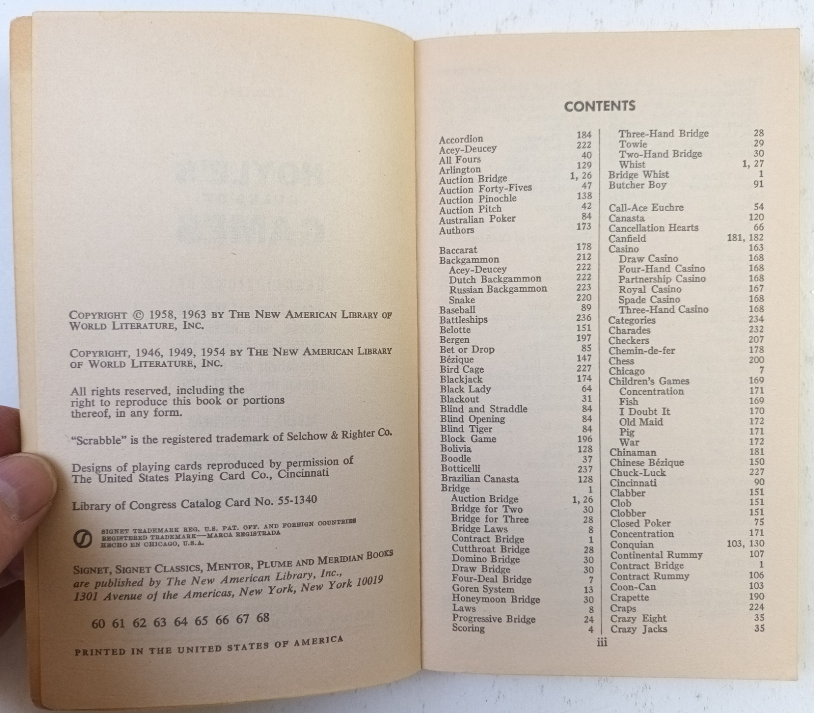 HOYLE’S RULES OF GAMES. ALBERT MOREHEAD GEOFFREY MOTT-SMITH. SIGNET 1963. VGD