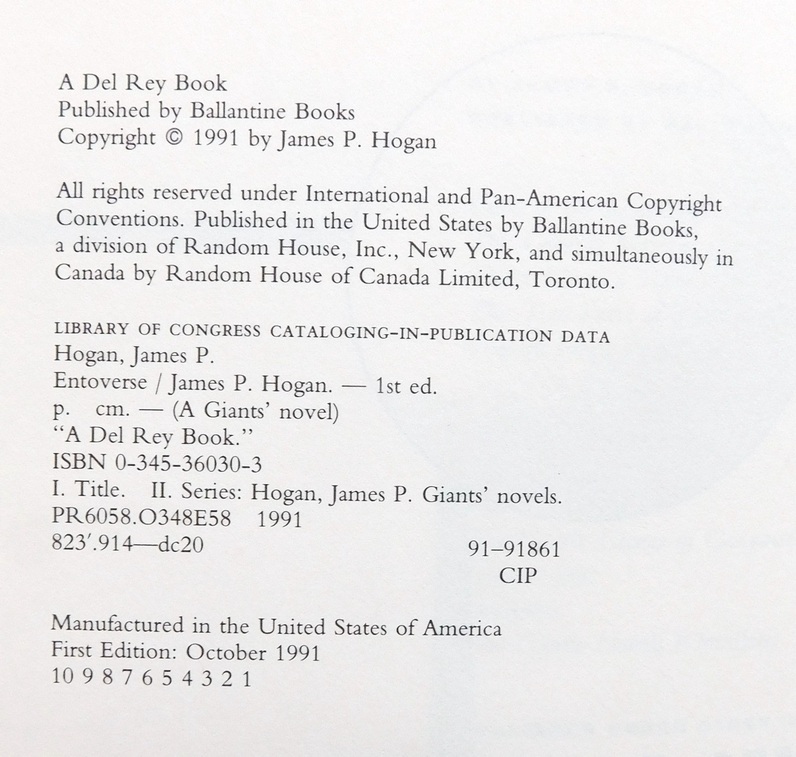 ENTOVERSE A Giant’s Novel JAMES HOGAN 1st Edition 1991 Del Ray 418 pages HCDJ