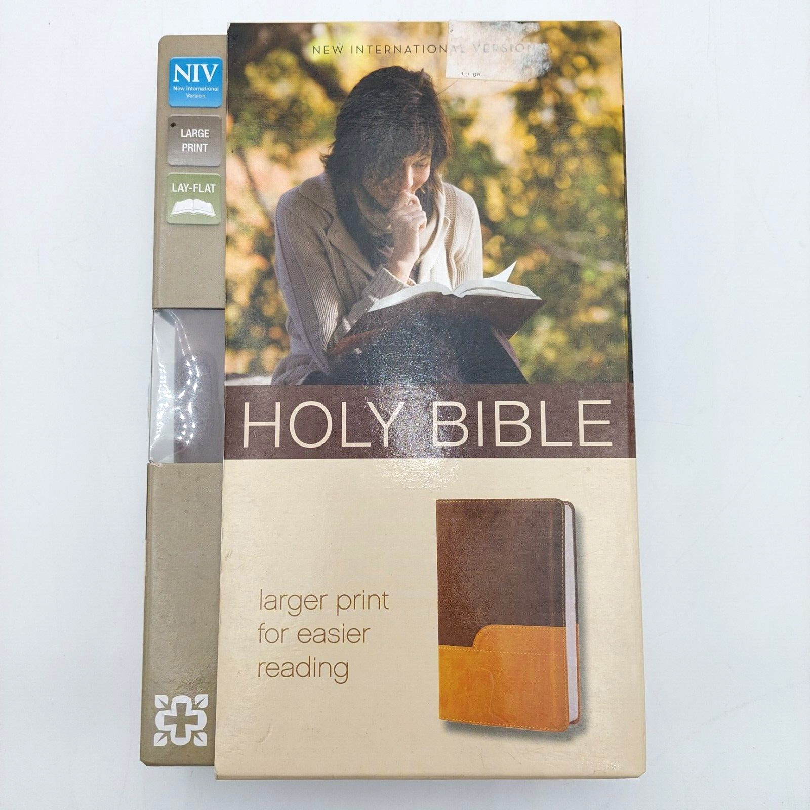 Zondervan NIV Large Print Lay-Flat Holy Bible Duo-Tone Chocolate/Amber w/Box