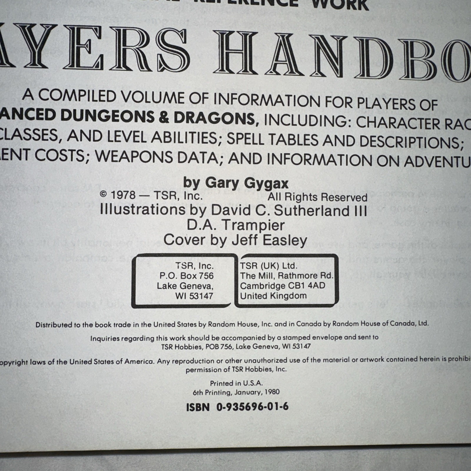 Advanced Dungeons & Dragons Players Handbook Gary Gyrax 1980 TSR Hardcover
