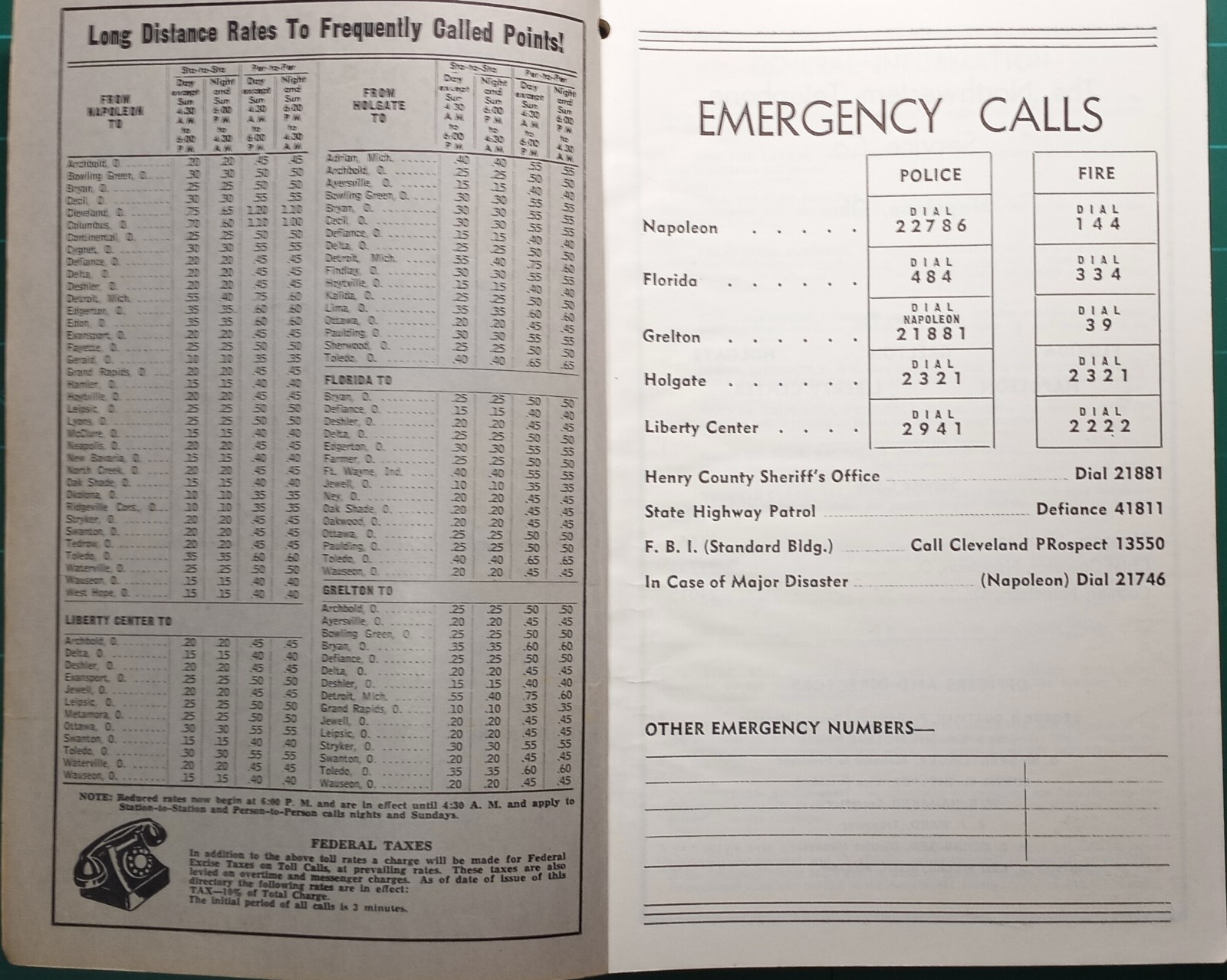 1958 Telephone Book Yellow Pages Napoleon Florida Grelton Holgate Liberty Center