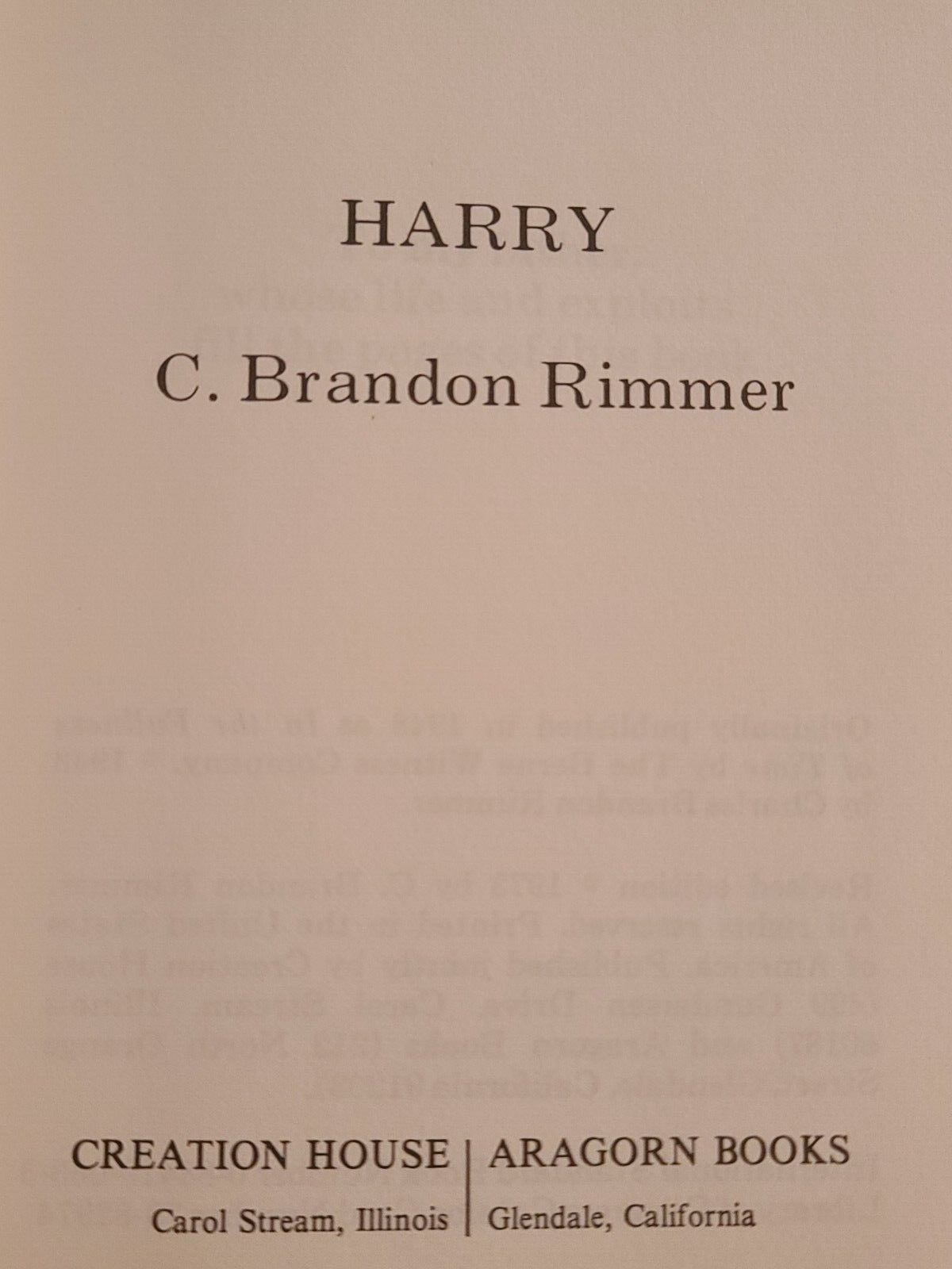 Harry by C. Brandon Rimmer 1973 HCDJ
