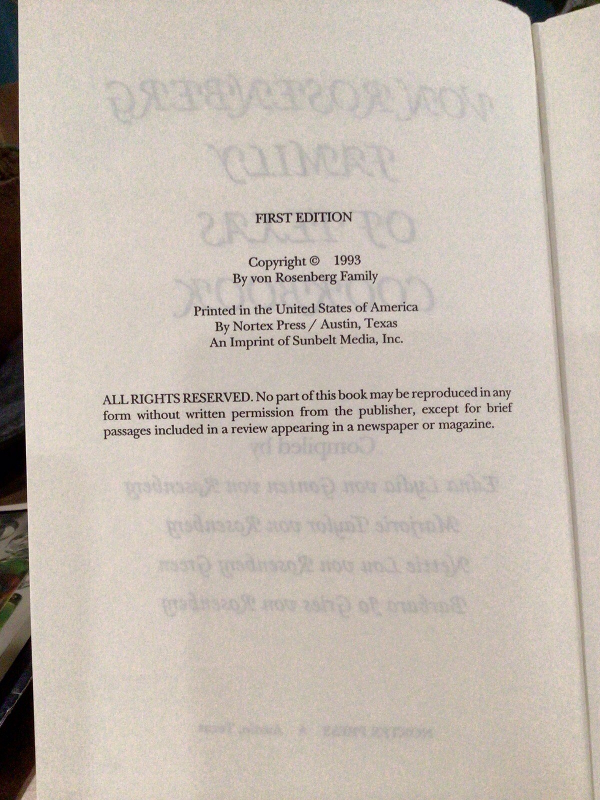 Von Rosenberg Family of Texas 1993 COOKBOOK hardback 297 pages