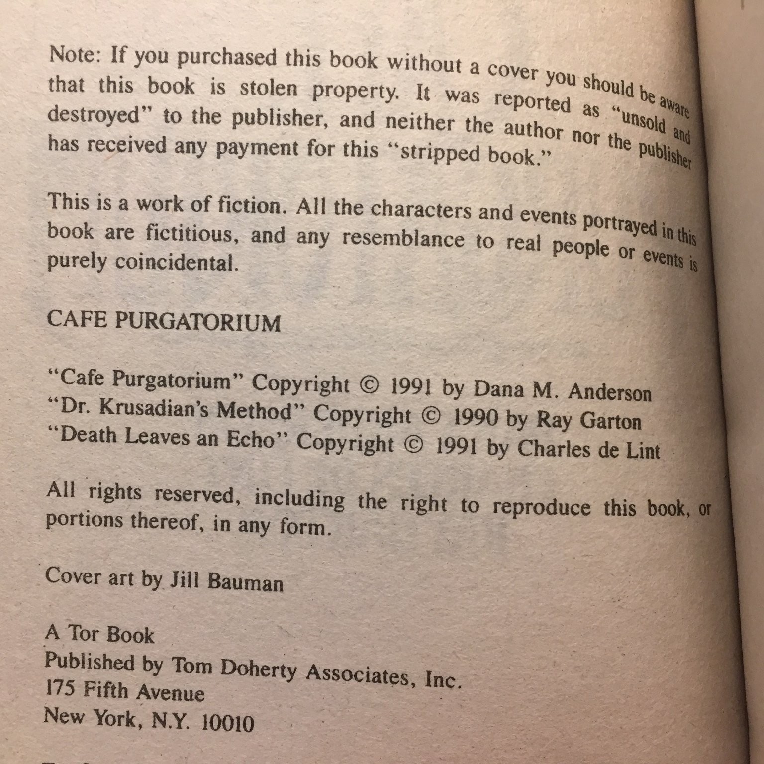 Cafe Purgatorium Dana Anderson 1993 TOR Dark Fantasy Horror Paperback Book
