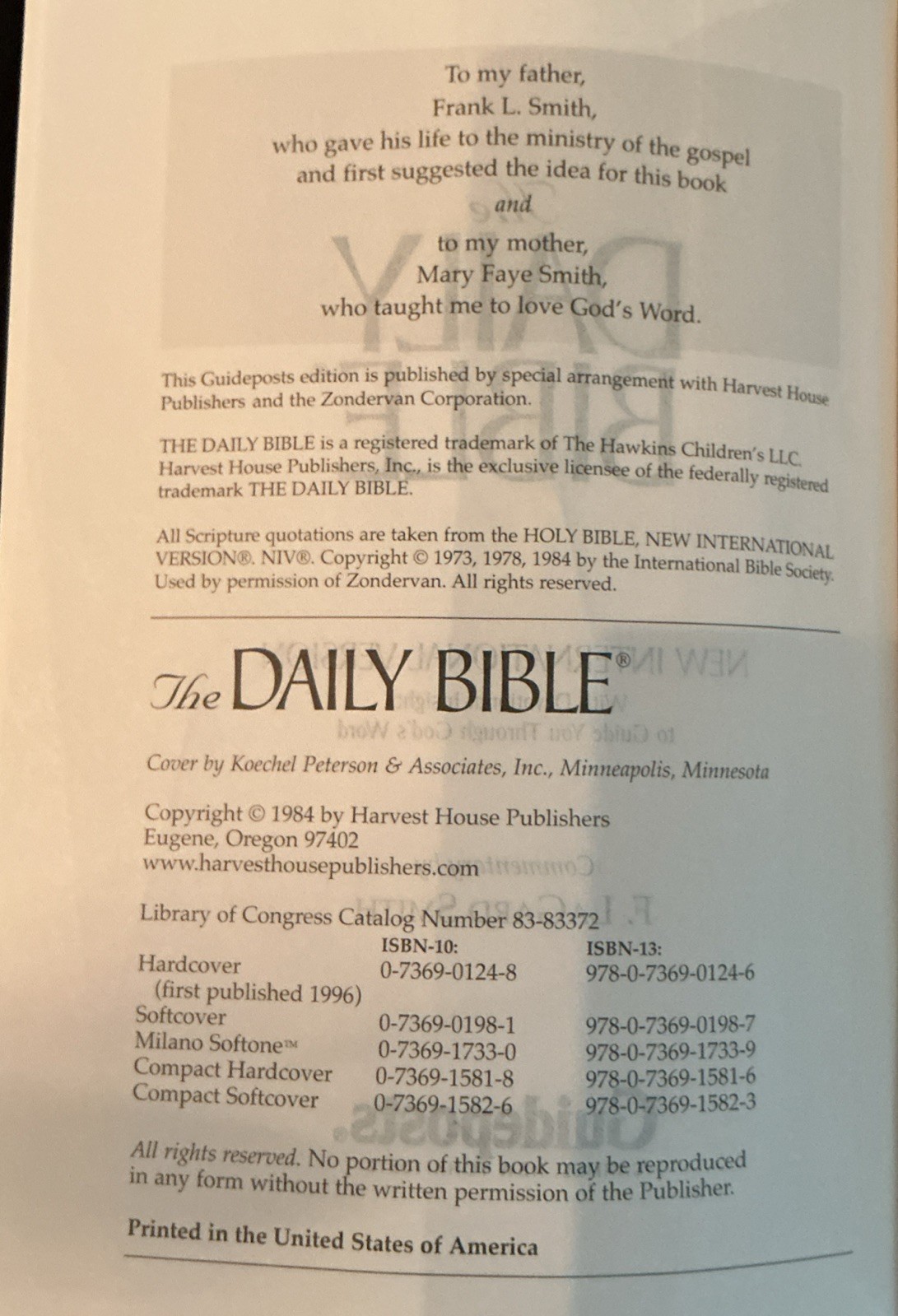 The Daily Bible In Chronological Order 365 Daily Readings NIV F LaGard Smith HC