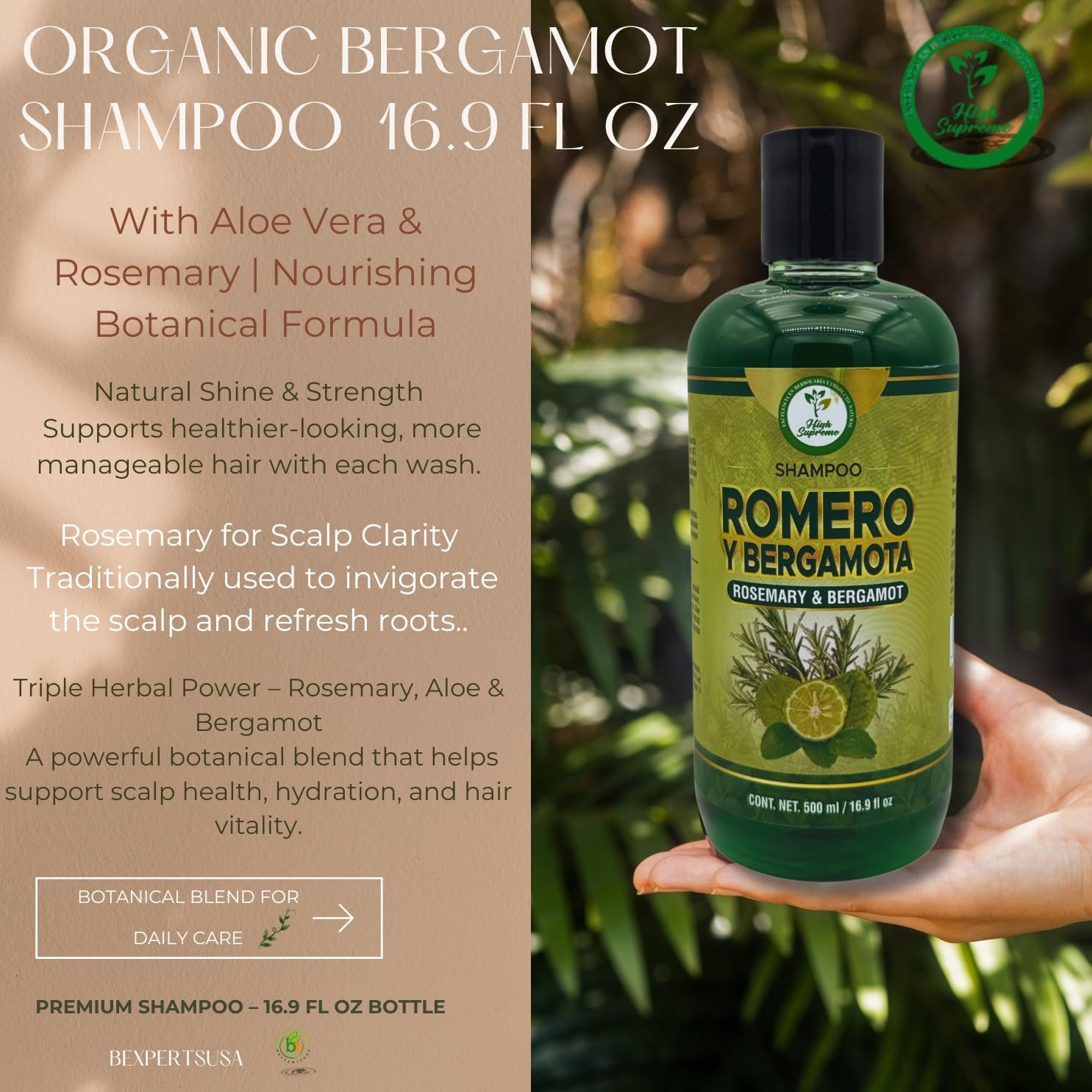 Romero, Sábila & Bergamota Shampoo (Rosemary, Aloe Vera & Bergamot) – 16.9 Fl Oz