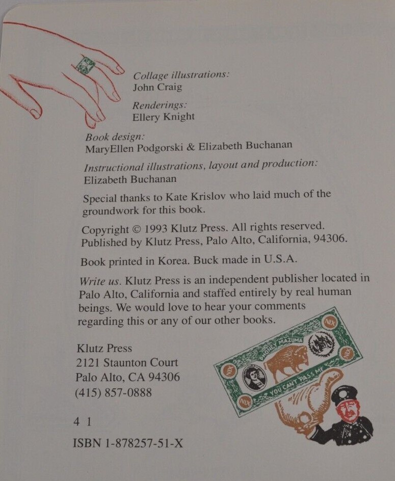 1993 Buch Book Ann Akers Johnson Klutz Press One Dollar Bill Bow Tie Elephant
