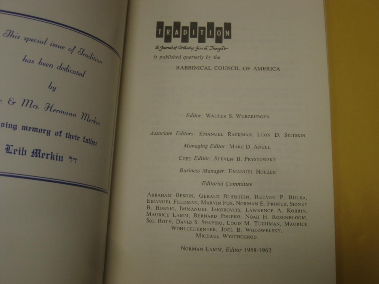 Tradition. Spring 1978. Special Issue in Honor of Joseph B. Soloveitchik