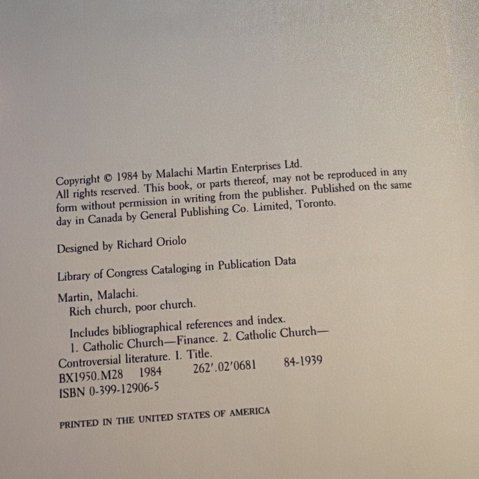Malachi Martin Rich Church Poor Church 1984 First Edition HC DJ Catholic