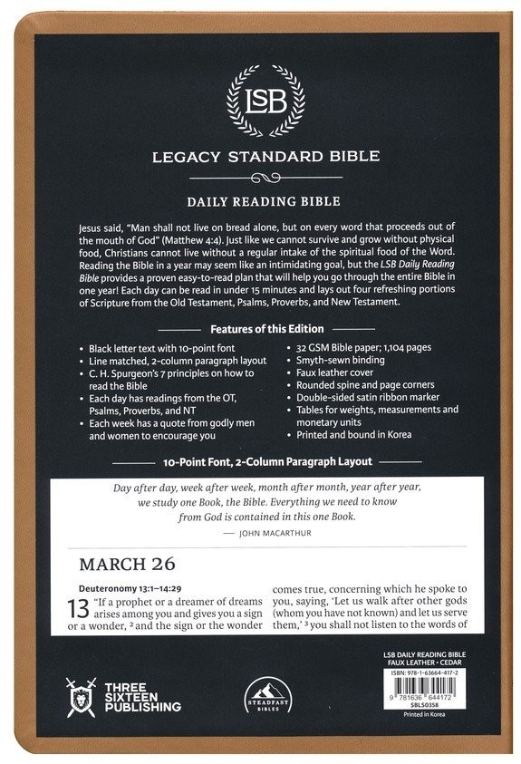 Legacy Standard Bible Daily Reading Bible Faux Leather Cedar ISBN 1636644171