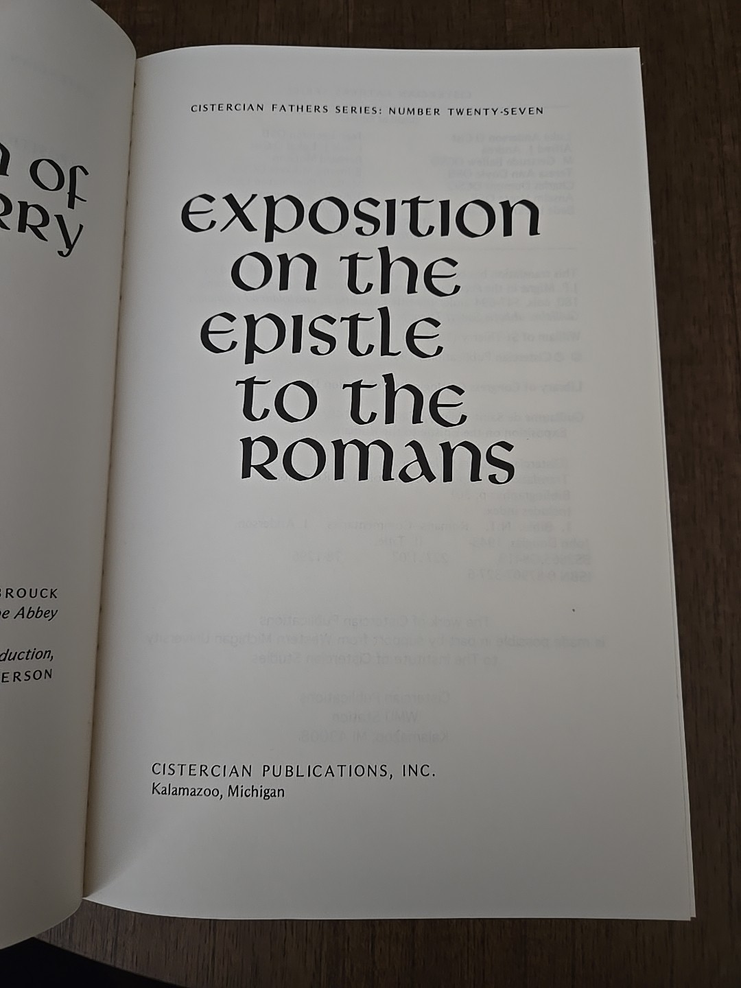 EXPOSITION ON EPISTLE TO ROMANS (CISTERCIAN FATHERS) By William Of Saint thierry