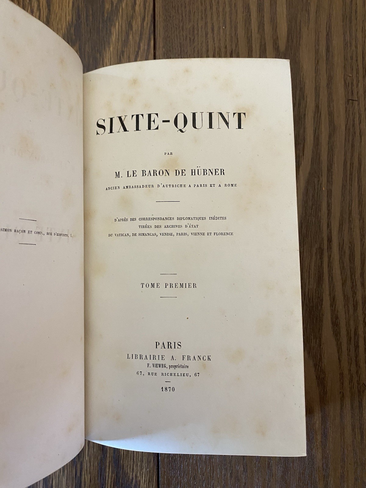 1870 Sixte-Quint Hubner Vols 1-3 Life Times of Pope Sixtus V French Language HC