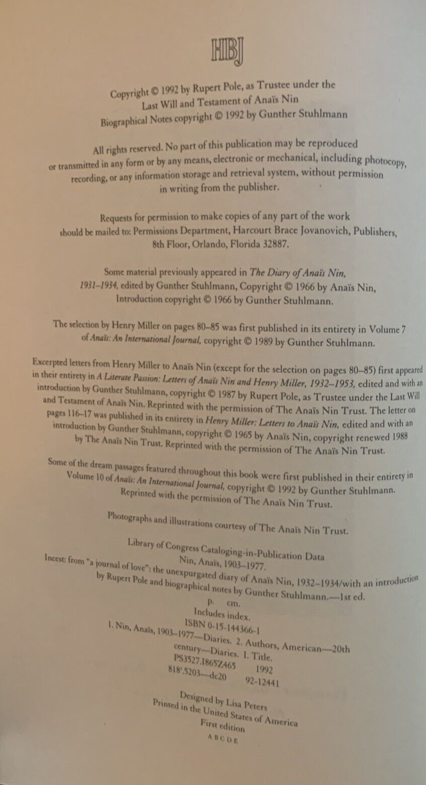 Incest From a Journal of Love The Unexpurgated Diary of Anais Nin, 1932-1934 1st