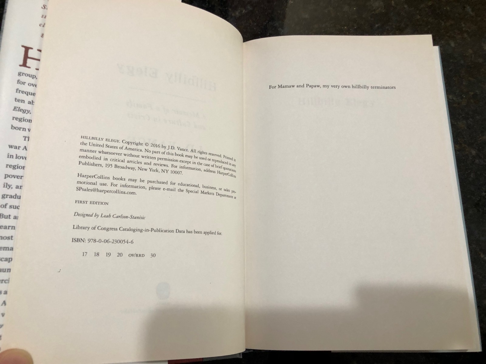 HILLBILLY ELEGY by J. D. Vance – STATED FIRST EDITION – Hardcover/DJ – BRAND NEW
