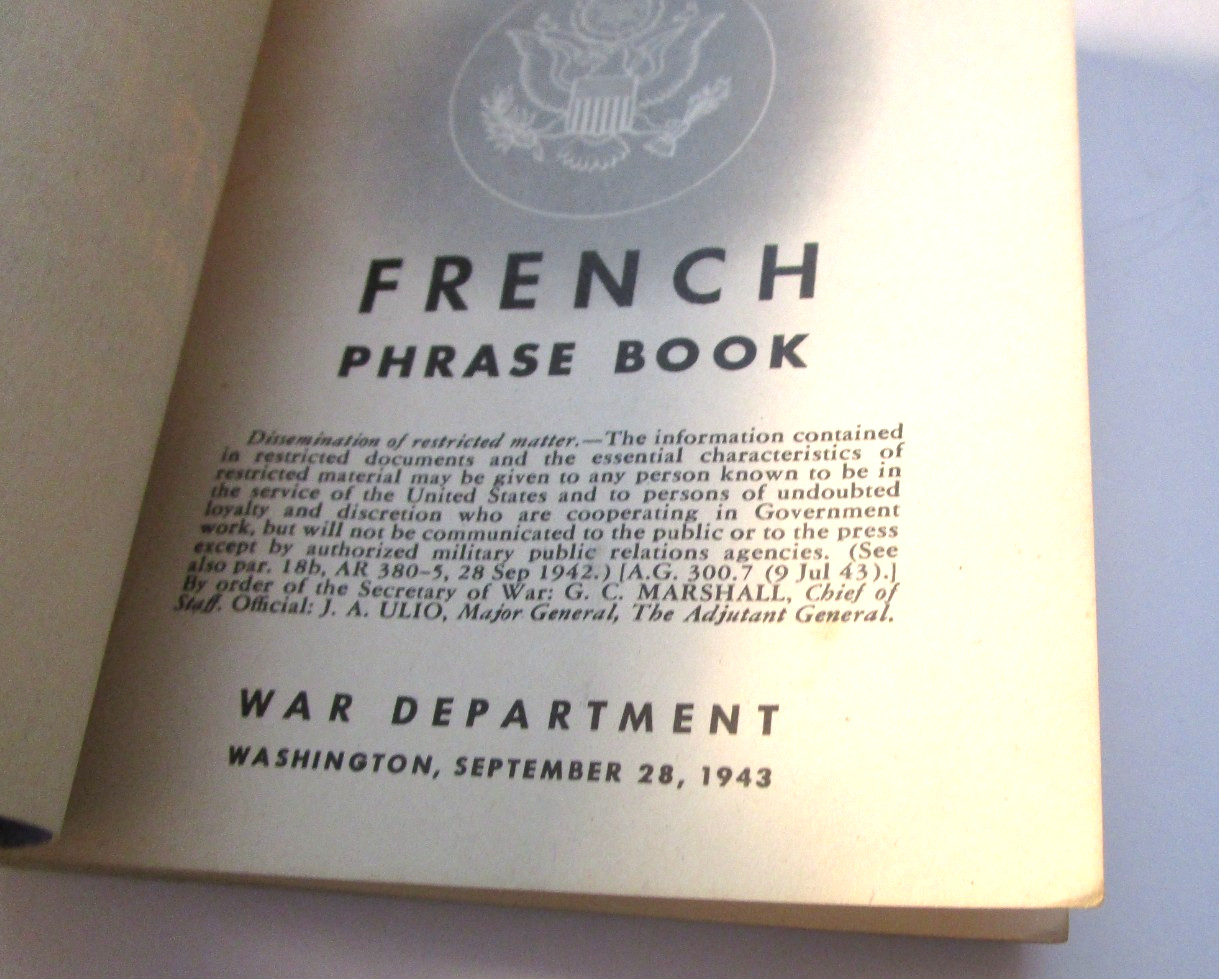WWII French Phrase Book Sept 28, 1943 Restricted TM 30-602