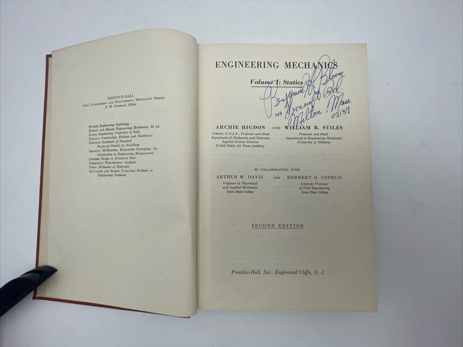Engineering Mechanics Volume I Statics by Higdon & Stiles 1964 2nd Edition