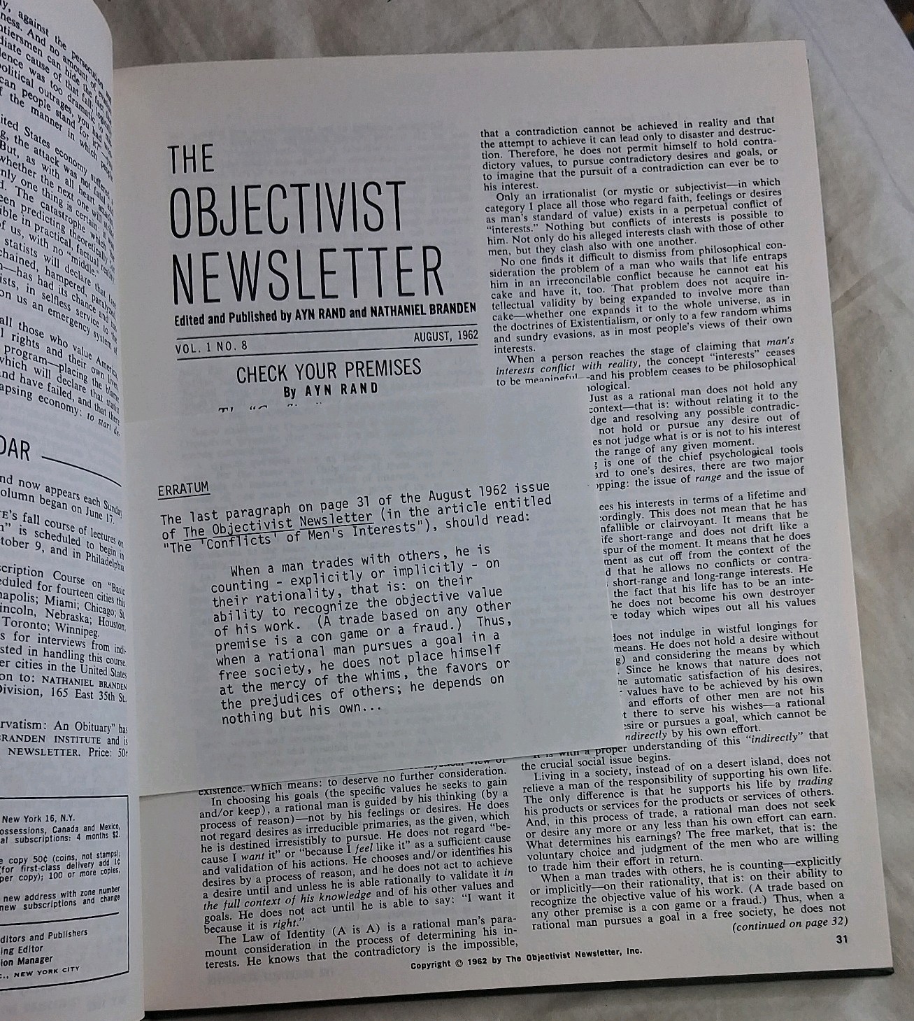 The Objectivist Newsletter By: Ayn Rand. Vol.1-4 1962-1965, Palo Alto Hardcover