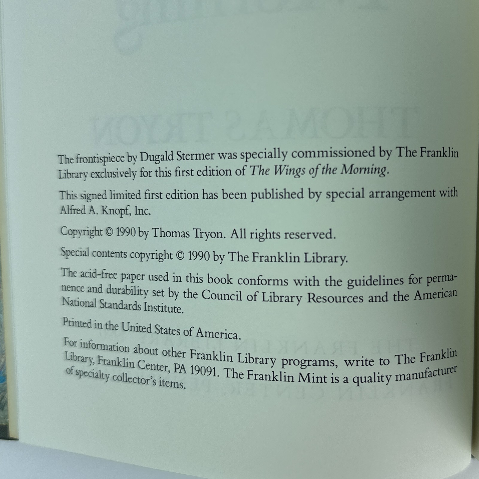 Franklin Library Signed First Ed Wings of the Morning 1990 Thomas Tryon Leather