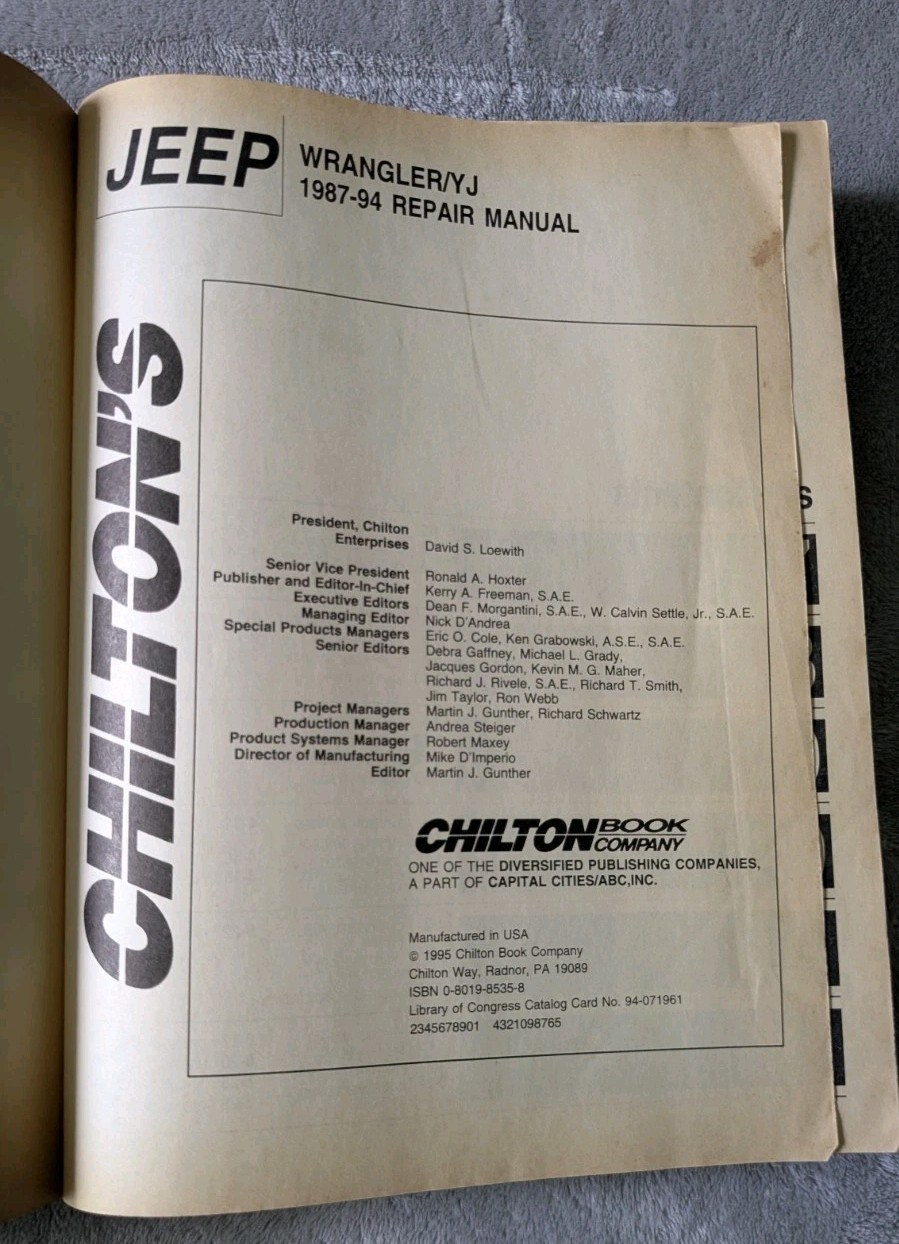 Chilton (Part No. 8535) Jeep Wrangler/YJ 1987-94 Repair Manual ~ Total Car Care