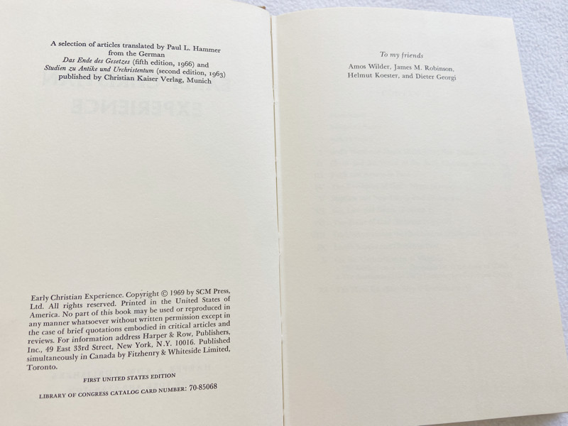 (First American Edition) 1969 hC Early Christian Experience by Gunther Bornkamm