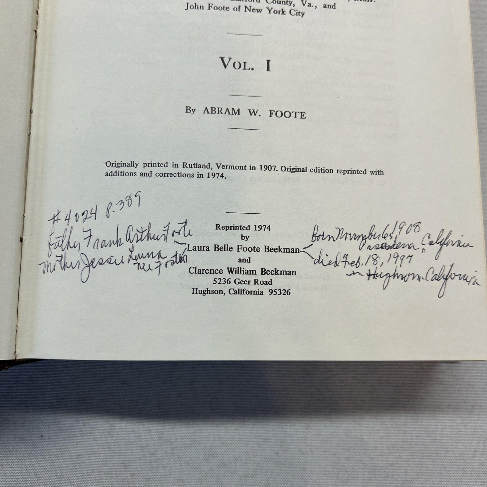 History and Genealogy by Abram W Foote HC Vol 1 2