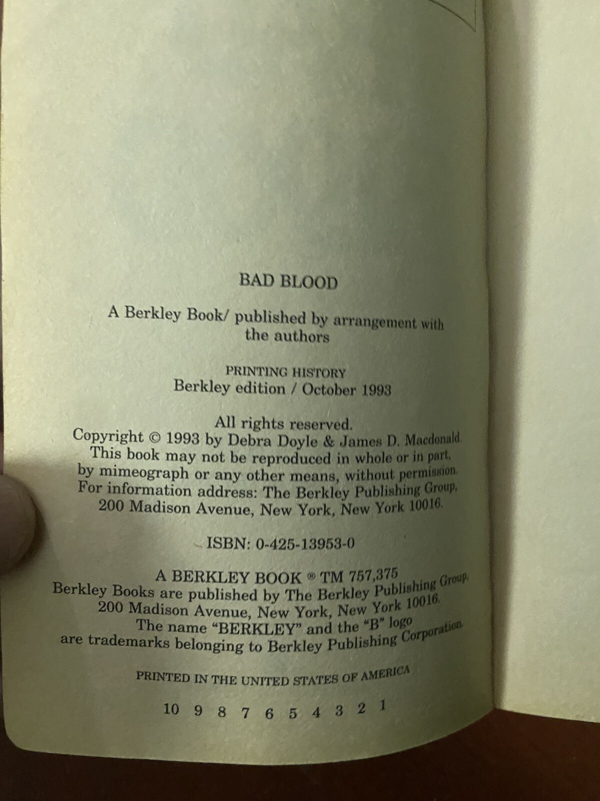 Bad Blood by Debra Doyle; James D. Macdonald First Print 1st Ed Young Adult