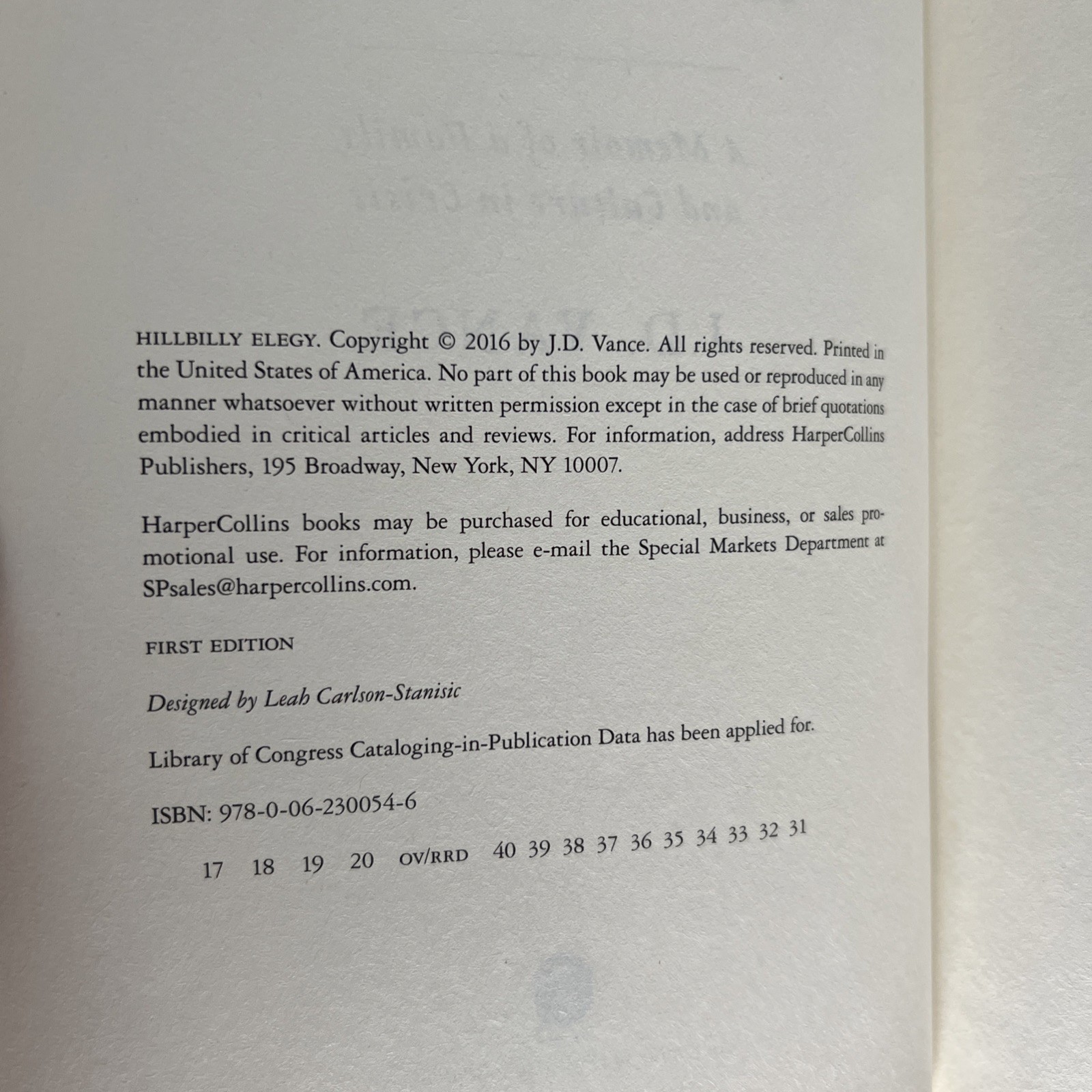 Hillbilly Elegy – J. D. Vance – Hardcover – First Edition
